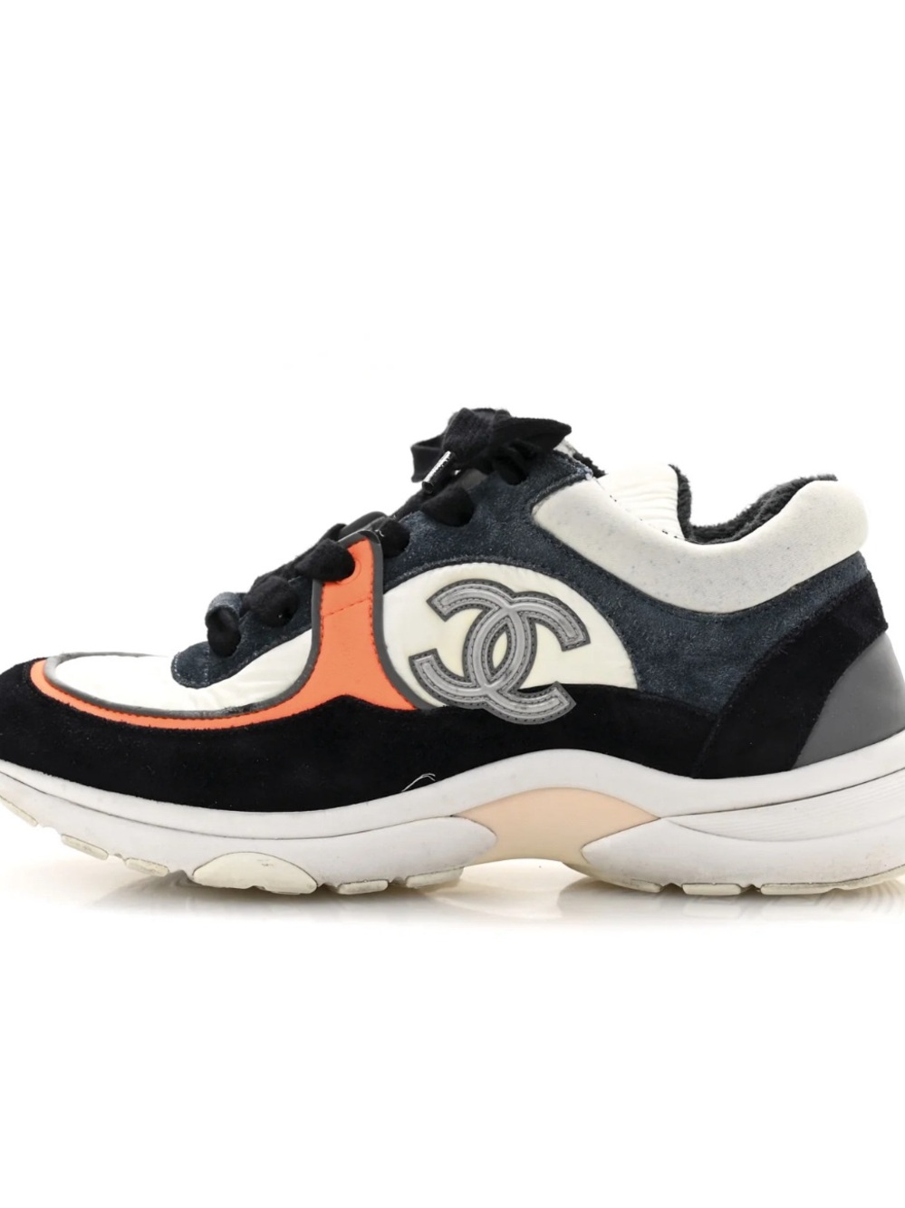 CHANEL Black White Orange Suede CC Logo Sneakers